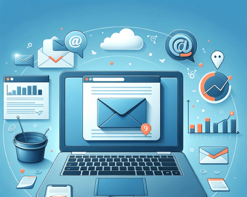DALL·E 2023-11-22 15.53.57 - An image representing email marketing services. The scene includes a laptop with an open email client, showcasing an attractive email template.