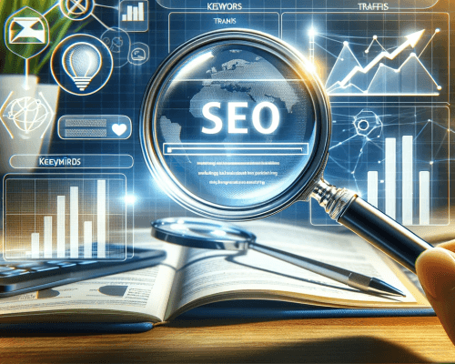 DALL·E 2023-11-22 15.21.00 - An image illustrating SEO optimization services. Feature a magnifying glass focusing on a webpage with keywords highlighted. Include elements like sea