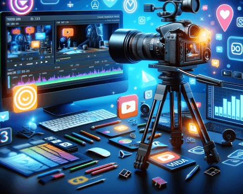 DALL·E 2023-11-22 15.20.38 - An image depicting video marketing services. The scene shows a camera filming a product with a computer screen in the background displaying video edit.