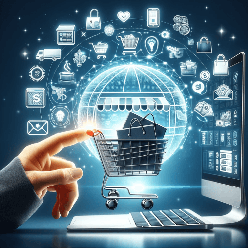 DALL·E 2023-11-22 15.21.11 - An image symbolizing eCommerce solutions. Visualize a digital shopping cart filled with various products and a computer screen showing an online store